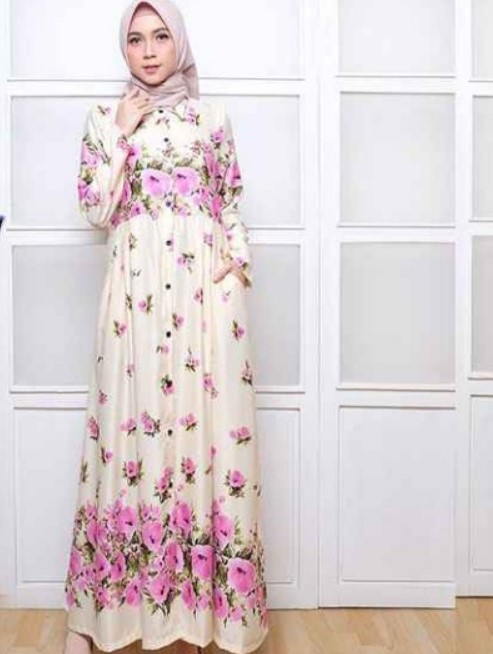 Model Gamis Katun Motif Bunga Modern Simpel Tali Pinggang Putih Tulang