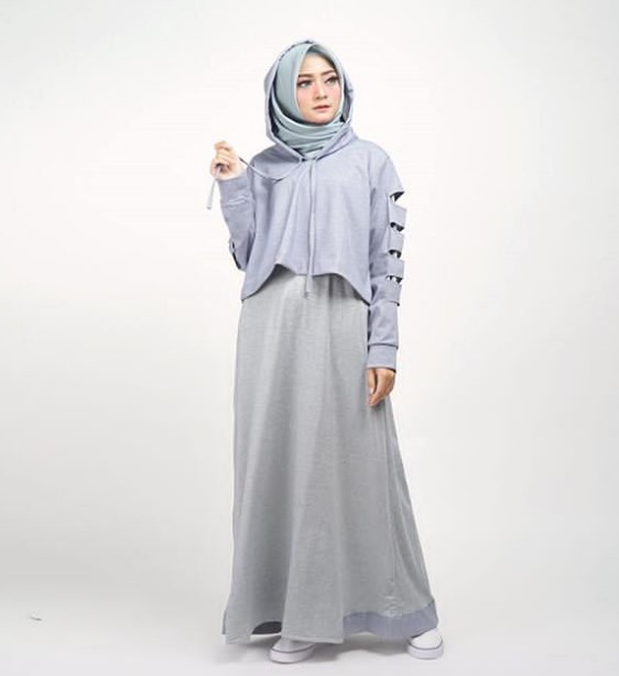 Model Gamis Modern untuk Anak Muda Remaja Kekinian Outer Hoodie Pendek Abu Muda