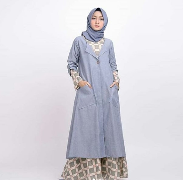 Model Gamis Modern untuk Anak Muda Remaja Kekinian Outer Kombinasi Batik Soft Blue