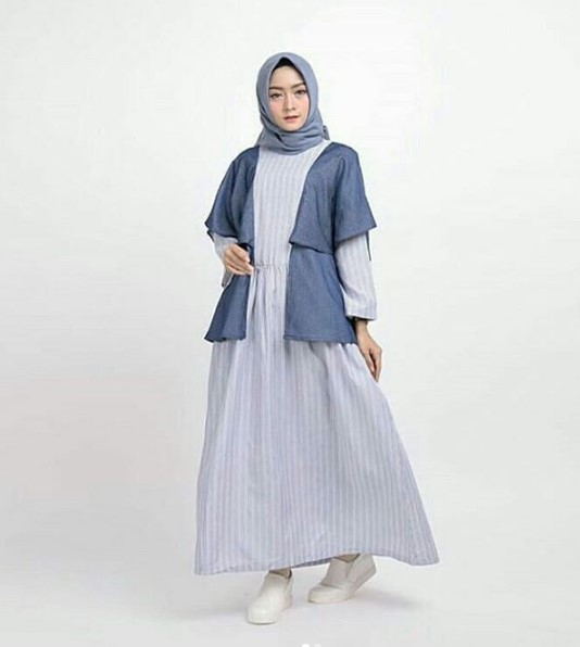 Model Gamis Modern untuk Anak Muda Remaja Kekinian Outer Stripe Blue
