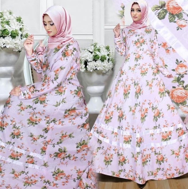 Model Gamis Motif Bunga Besar Terbaru Baby Soft Pink