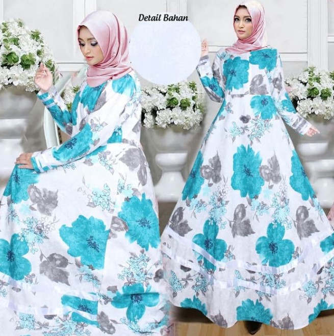 Model Gamis Motif Bunga Besar Terbaru Simpel Soft Blue