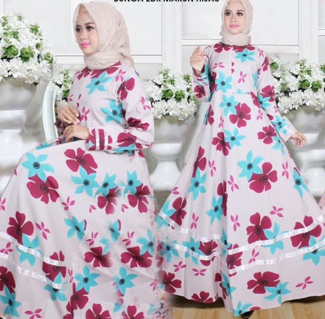 Model Gamis Motif Bunga Besar Terbaru Simpel Soft Red Blue