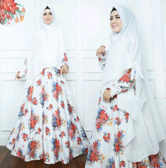 Model Gamis Motif Bunga Besar Terbaru Syari Putih Merah