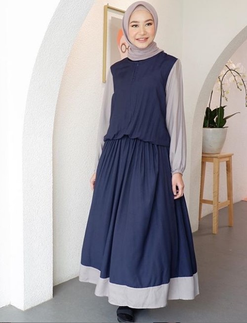 Model Gamis Muslimah Untuk Remaja Kekinian Navy Soft Grey