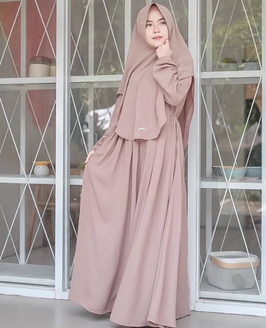 Model Gamis Syar'i Tanah Abang Terbaru Sifon Simple Jilbab Pet Cream