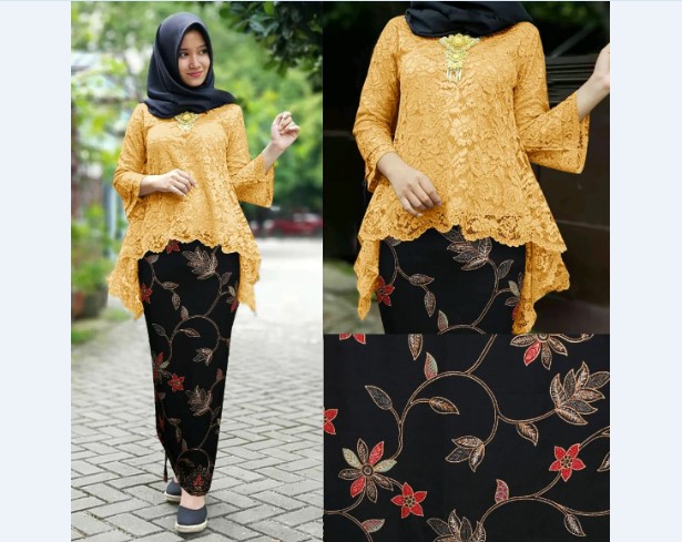 Model Kebaya Modern Atasan Panjang Melebar Kuning Hitam