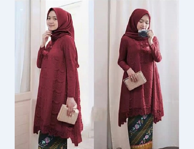 Model Kebaya Muslim Atasan Panjang Melebar Maroon