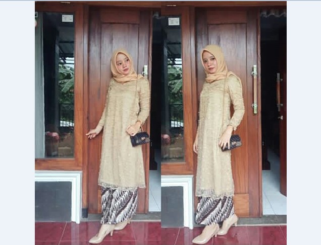 Model Kebaya Pesta Atasan Panjang Melebar Krem Muda